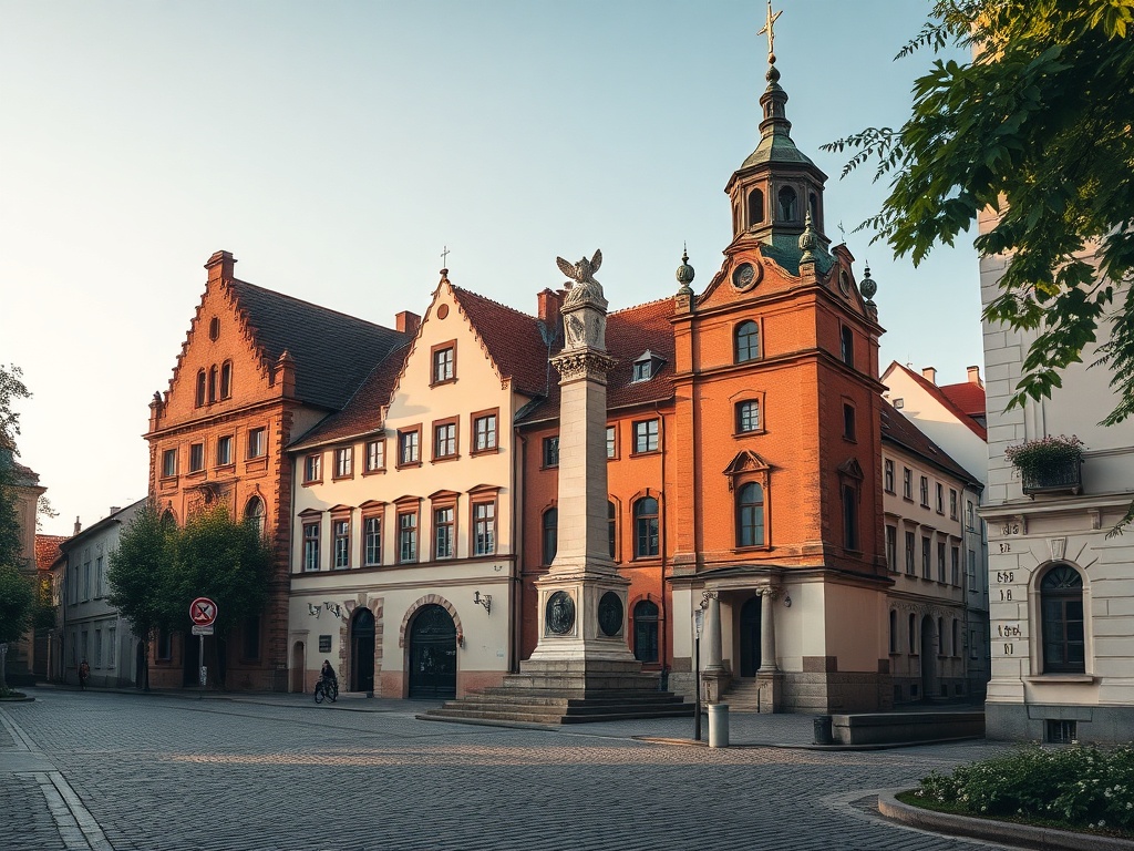 Archiwalny widok na centrum Pyskowic z początku XXI wieku, typowe dla małych miast Wielkopolski