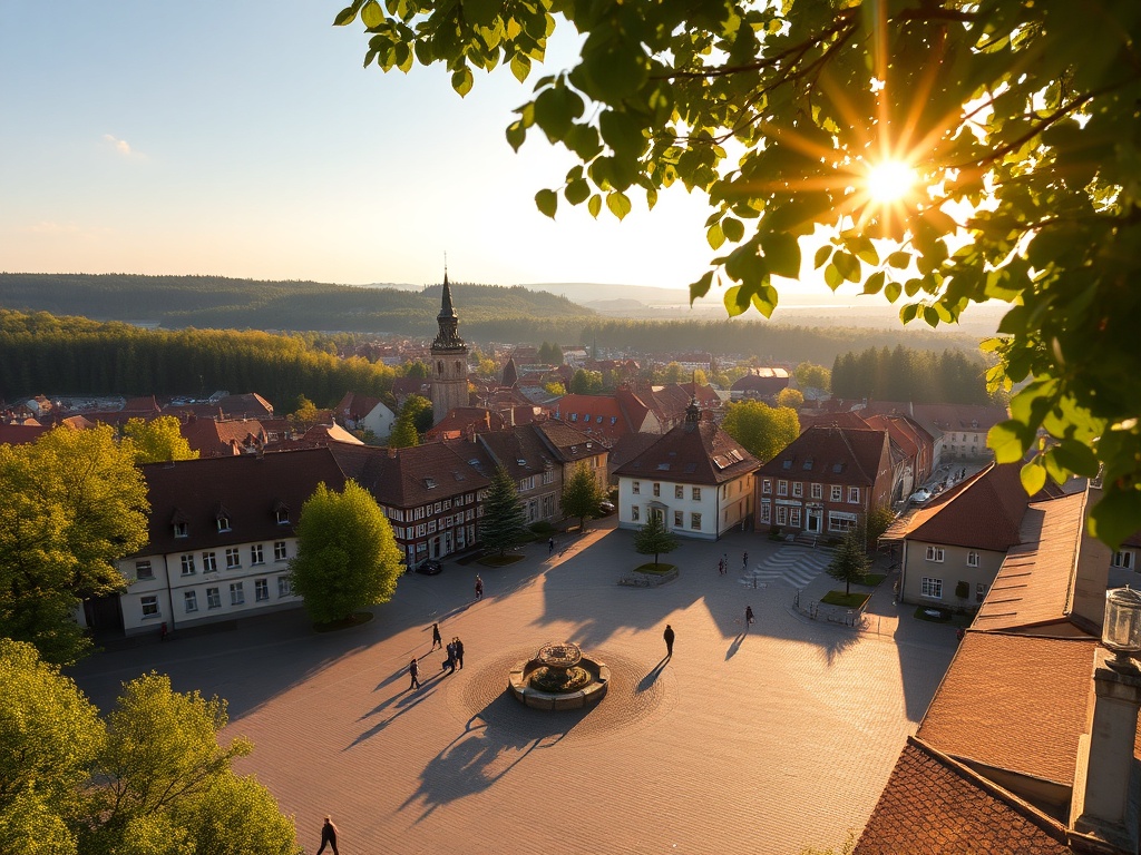 Panorama Pyskowic z widokiem na zabytkowe budynki i tereny zielone