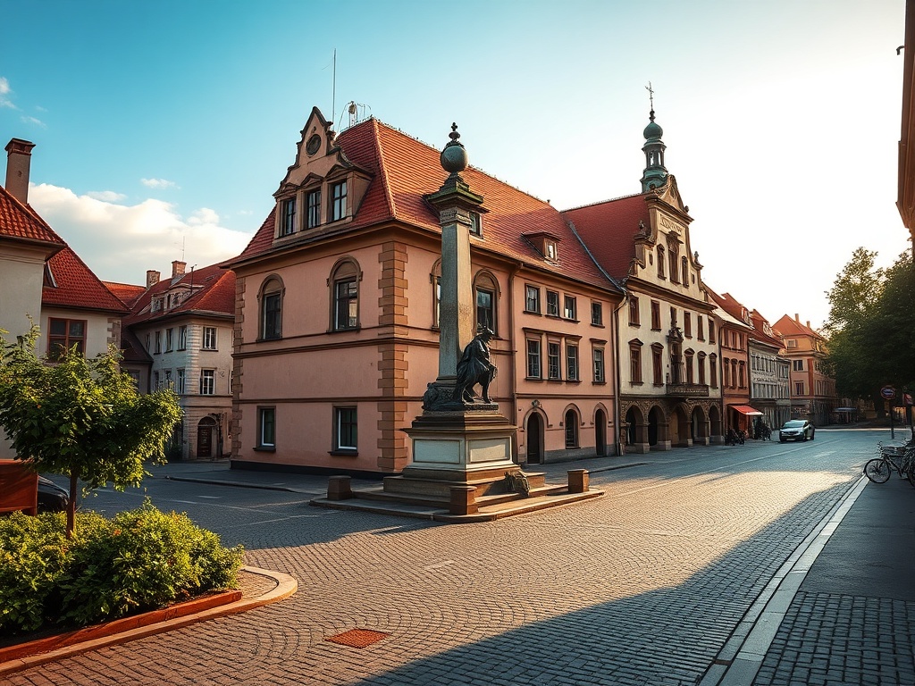 Panorama Pyskowic z widocznymi historycznymi i współczesnymi budynkami.